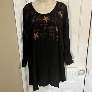 Bread Hand Printed Star Tunic Top Black One Size Lagenlook Art to Wear F2